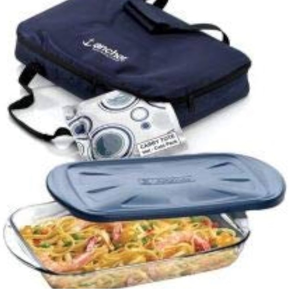 ANCHOR HOCKING 🫕 9x13” BAKEWARE w/LID IN INSULATED HOT/COLD PORTABLE TRAVEL CASE